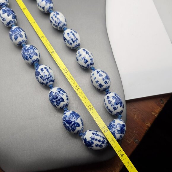 VTG Chinese Export Blue & White Porcelain Bead Necklace 26" Handtied Silk String - Picture 12 of 13